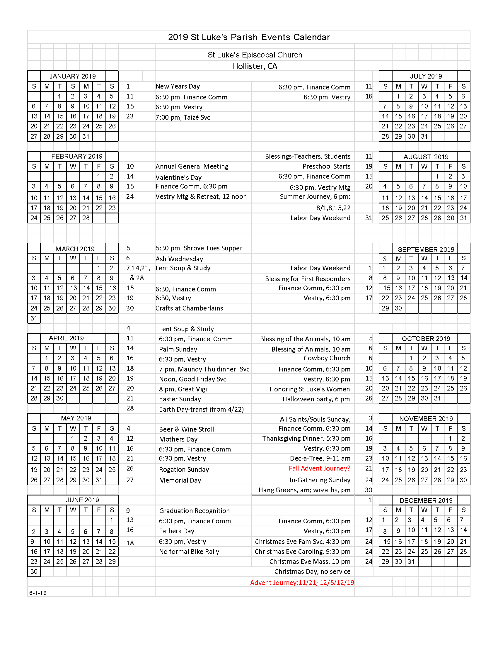 Calendar St. Luke's Episcopal Church